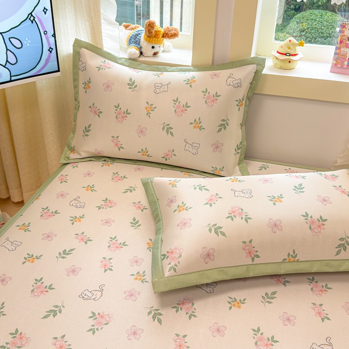 91家纺网 家纺一手货源 找家纺 慕尚家纺 2026新款凉感冰丝凉席席子 花朵小猫