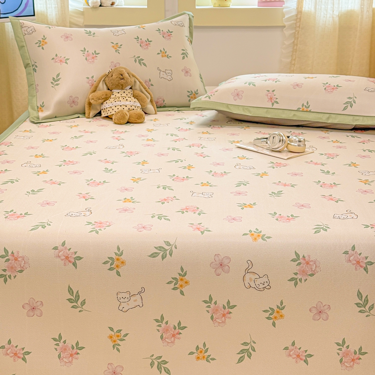 91家纺网 家纺一手货源 找家纺 慕尚家纺 2026新款凉感冰丝凉席席子 花朵小猫