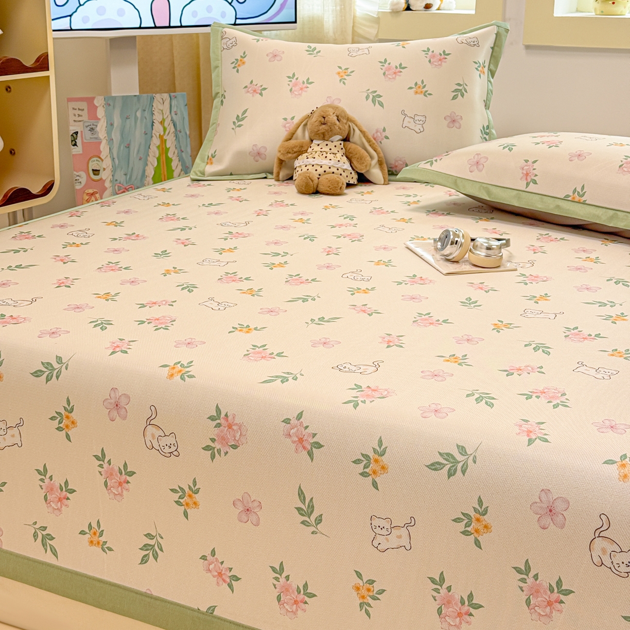 91家纺网 家纺一手货源 找家纺 慕尚家纺 2026新款凉感冰丝凉席席子 花朵小猫