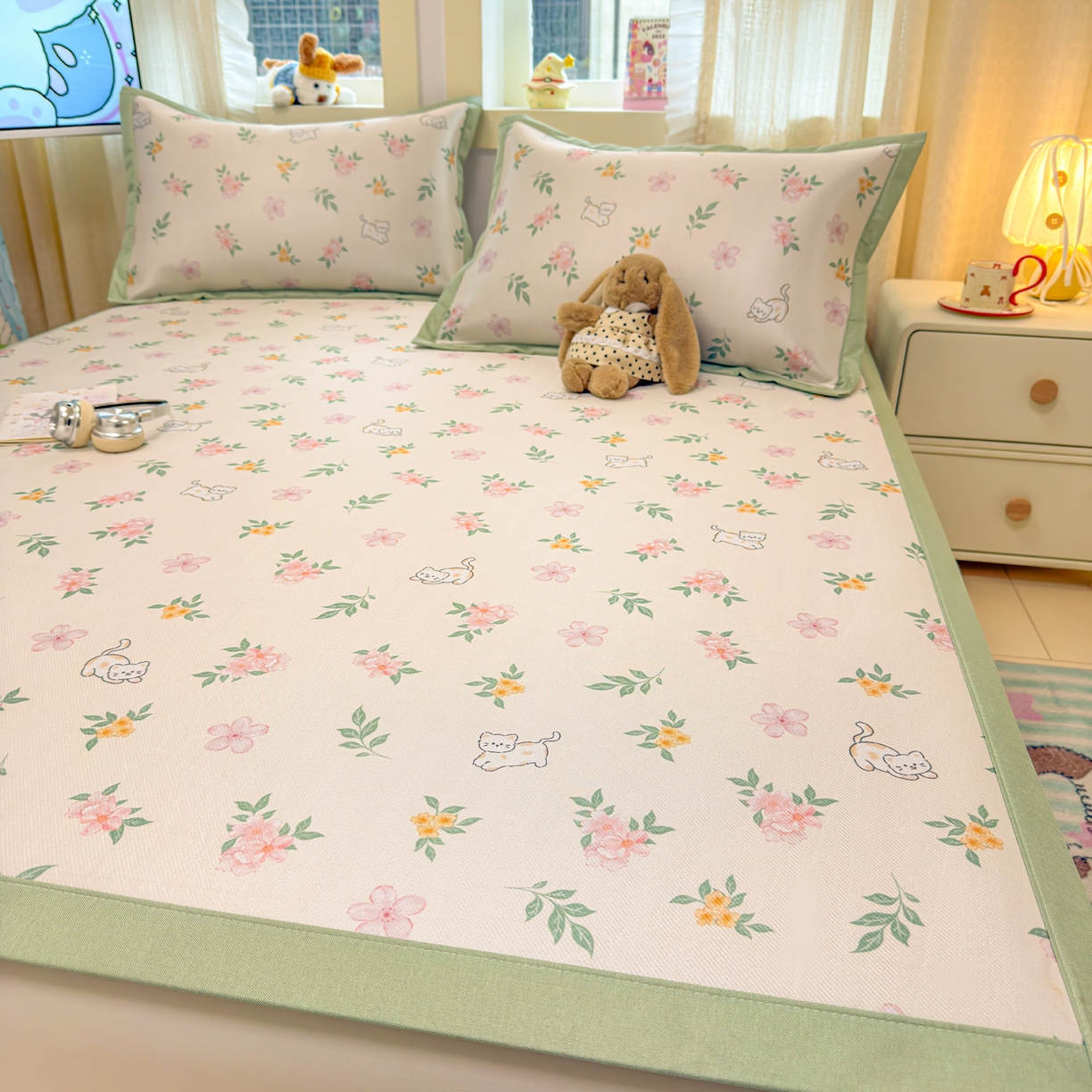 91家纺网 家纺一手货源 找家纺 慕尚家纺 2026新款凉感冰丝凉席席子 花朵小猫