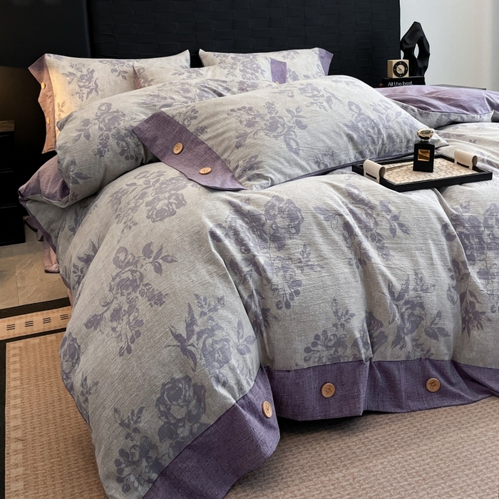 梦舒羽 2026春夏新款A类原麻纽扣四件套加厚被套床单宿舍双人床仿亚麻套件-最新款 古堡花园-紫