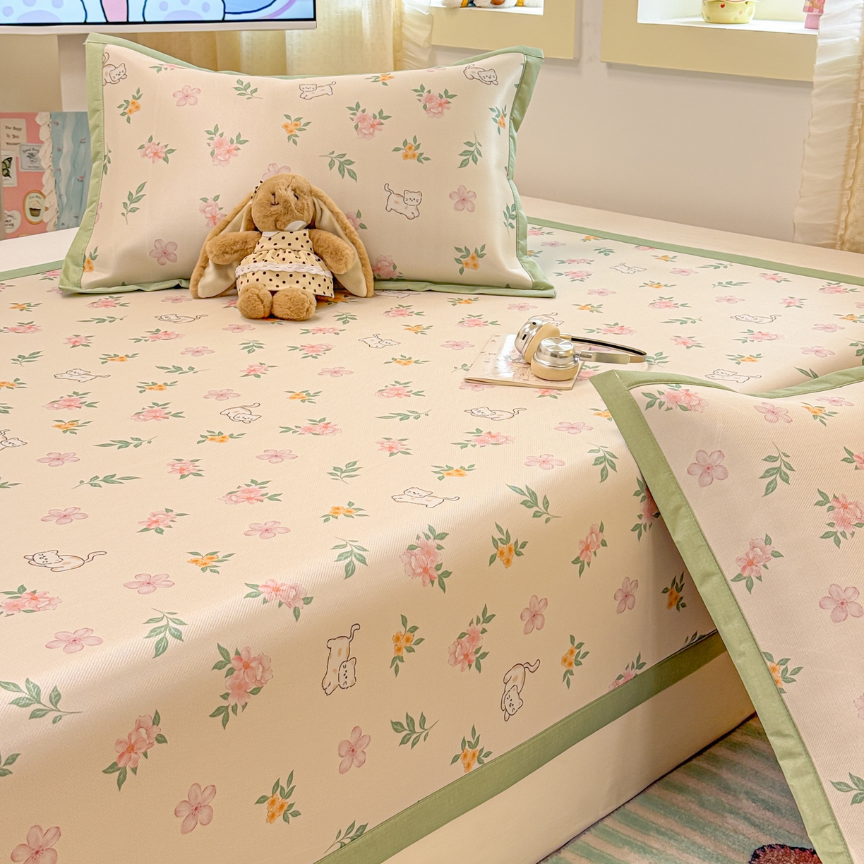 91家纺网 家纺一手货源 找家纺 慕尚家纺 2026新款凉感冰丝凉席席子 花朵小猫