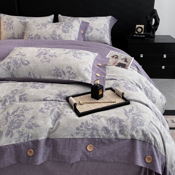 91家纺网 家纺一手货源 找家纺 梦舒羽 2026春夏新款A类原麻纽扣四件套加厚被套床单宿舍双人床仿亚麻套件-最新款 古堡花园-紫