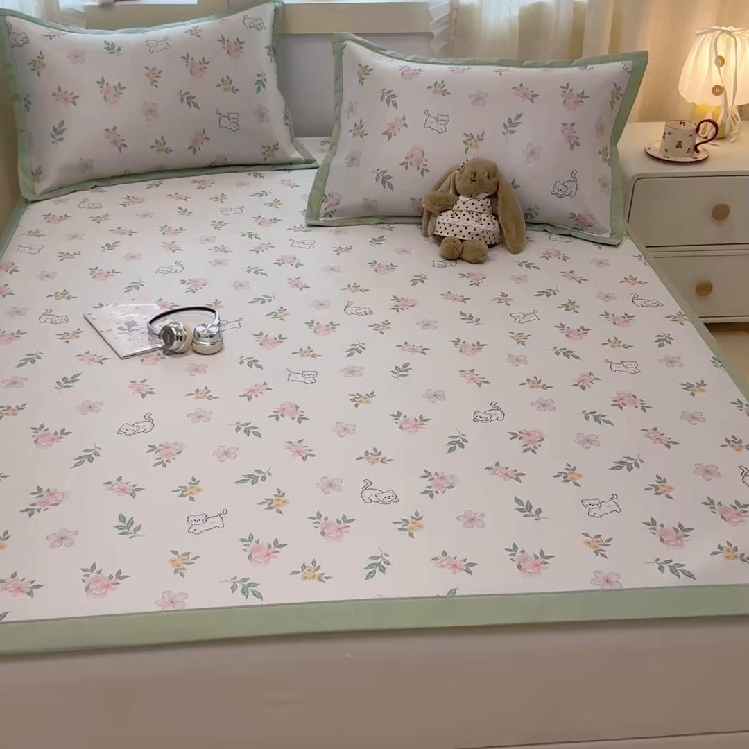 91家纺网 家纺一手货源 找家纺 慕尚家纺 2026新款凉感冰丝凉席席子 花朵小猫