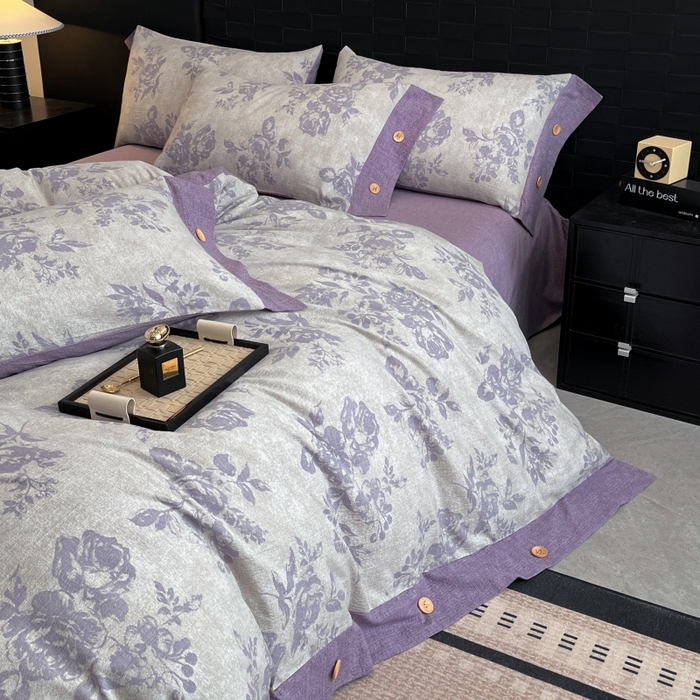 91家纺网 家纺一手货源 找家纺 梦舒羽 2026春夏新款A类原麻纽扣四件套加厚被套床单宿舍双人床仿亚麻套件-最新款 古堡花园-紫