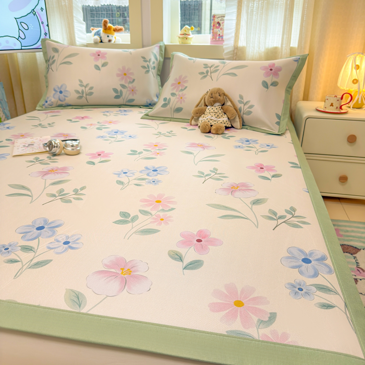 91家纺网 家纺一手货源 找家纺 慕尚家纺 2026新款凉感冰丝凉席席子 花开不语