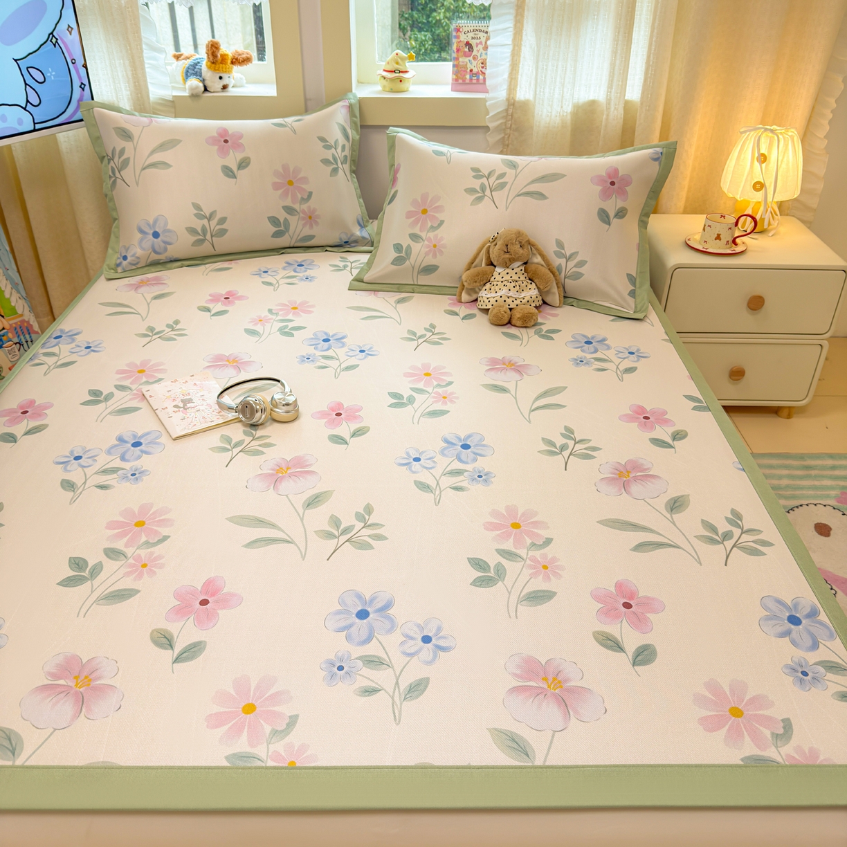 91家纺网 家纺一手货源 找家纺 慕尚家纺 2026新款凉感冰丝凉席席子 花开不语