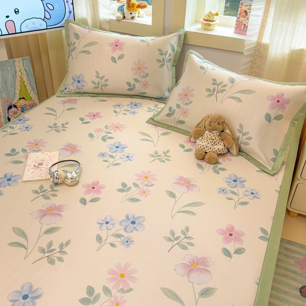 91家纺网 家纺一手货源 找家纺 慕尚家纺 2026新款凉感冰丝凉席席子 花开不语