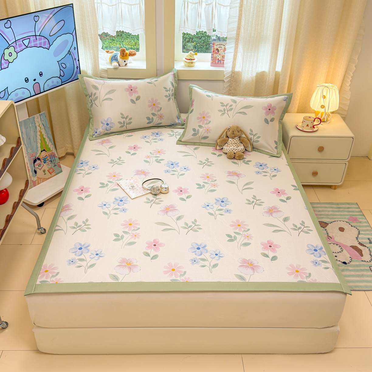 91家纺网 家纺一手货源 找家纺 慕尚家纺 2026新款凉感冰丝凉席席子 花开不语