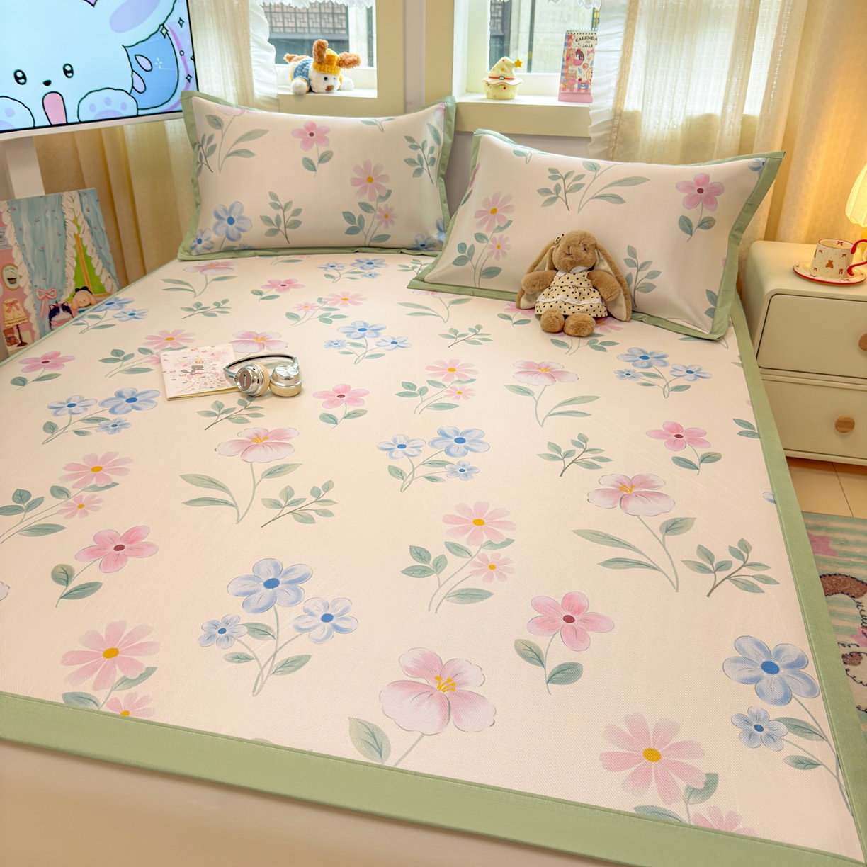 91家纺网 家纺一手货源 找家纺 慕尚家纺 2026新款凉感冰丝凉席席子 花开不语