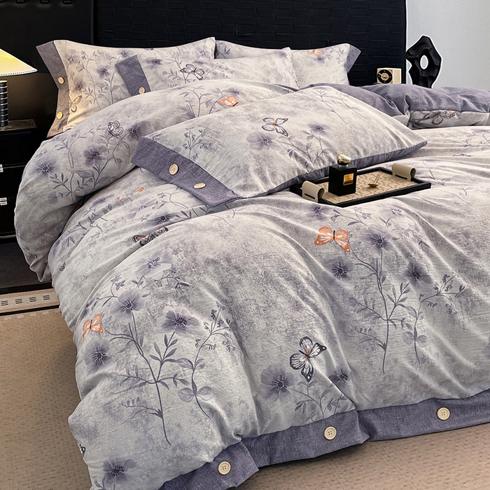梦舒羽 2026春夏新款A类原麻纽扣四件套加厚被套床单宿舍双人床仿亚麻套件-最新款 花与蝶
