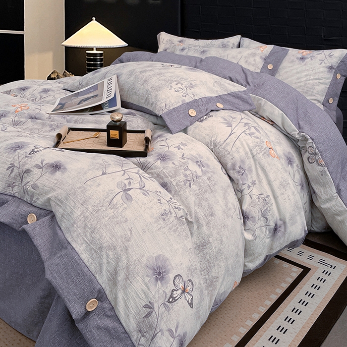 91家纺网 家纺一手货源 找家纺 梦舒羽 2026春夏新款A类原麻纽扣四件套加厚被套床单宿舍双人床仿亚麻套件-最新款 花与蝶