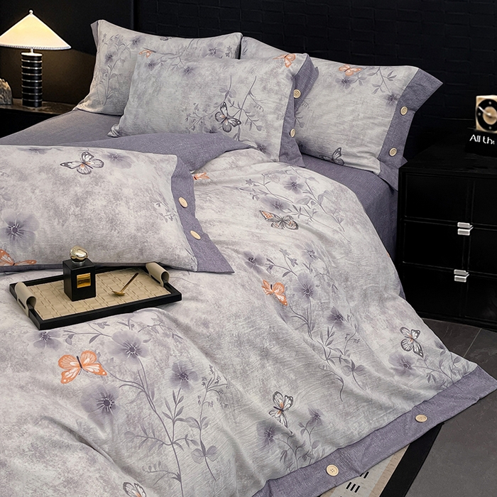 91家纺网 家纺一手货源 找家纺 梦舒羽 2026春夏新款A类原麻纽扣四件套加厚被套床单宿舍双人床仿亚麻套件-最新款 花与蝶