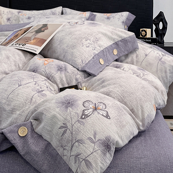 91家纺网 家纺一手货源 找家纺 梦舒羽 2026春夏新款A类原麻纽扣四件套加厚被套床单宿舍双人床仿亚麻套件-最新款 花与蝶