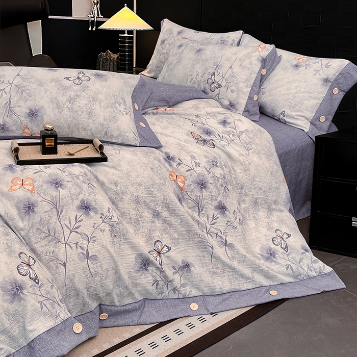 91家纺网 家纺一手货源 找家纺 梦舒羽 2026春夏新款A类原麻纽扣四件套加厚被套床单宿舍双人床仿亚麻套件-最新款 花与蝶