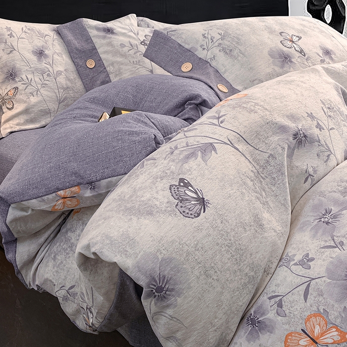 91家纺网 家纺一手货源 找家纺 梦舒羽 2026春夏新款A类原麻纽扣四件套加厚被套床单宿舍双人床仿亚麻套件-最新款 花与蝶