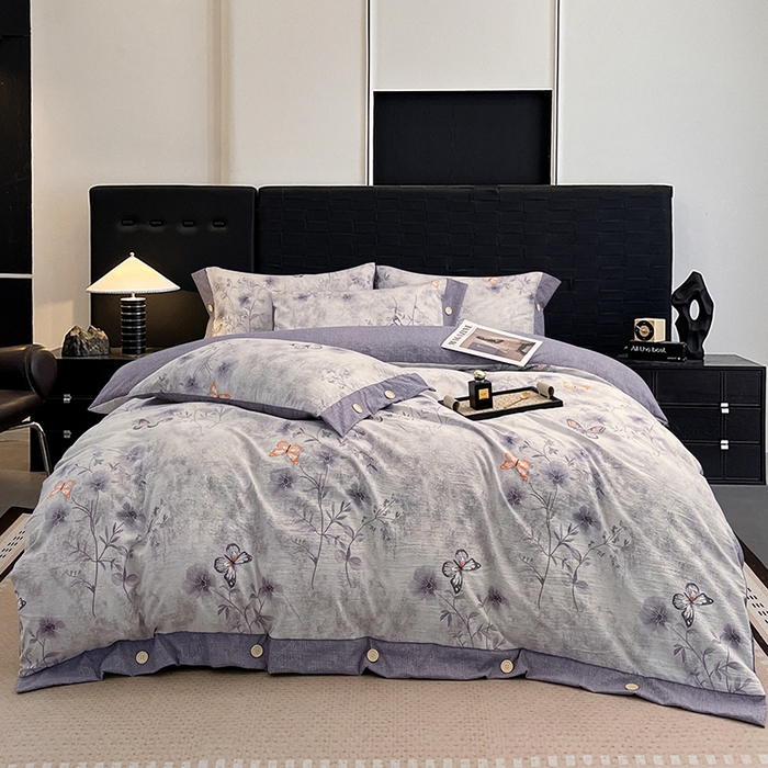 91家纺网 家纺一手货源 找家纺 梦舒羽 2026春夏新款A类原麻纽扣四件套加厚被套床单宿舍双人床仿亚麻套件-最新款 花与蝶