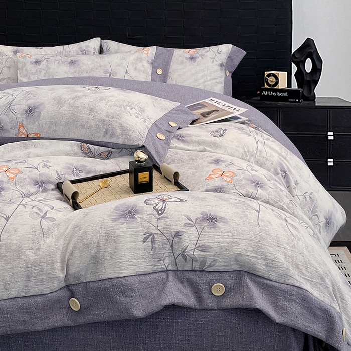 91家纺网 家纺一手货源 找家纺 梦舒羽 2026春夏新款A类原麻纽扣四件套加厚被套床单宿舍双人床仿亚麻套件-最新款 花与蝶