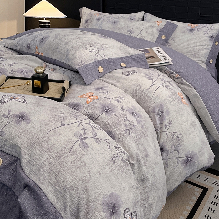 91家纺网 家纺一手货源 找家纺 梦舒羽 2026春夏新款A类原麻纽扣四件套加厚被套床单宿舍双人床仿亚麻套件-最新款 花与蝶