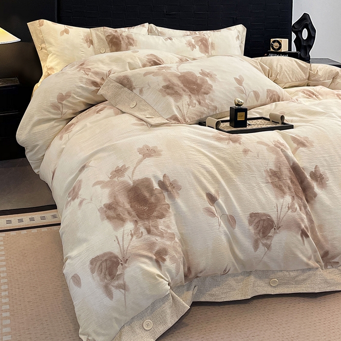 梦舒羽 2026春夏新款A类原麻纽扣四件套加厚被套床单宿舍双人床仿亚麻套件-最新款 花盏如约