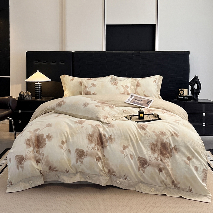 91家纺网 家纺一手货源 找家纺 梦舒羽 2026春夏新款A类原麻纽扣四件套加厚被套床单宿舍双人床仿亚麻套件-最新款 花盏如约