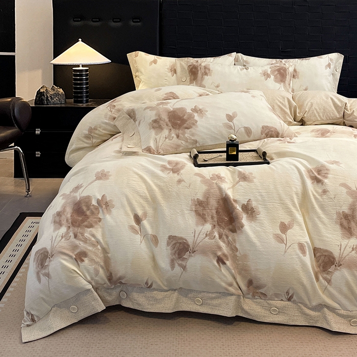 91家纺网 家纺一手货源 找家纺 梦舒羽 2026春夏新款A类原麻纽扣四件套加厚被套床单宿舍双人床仿亚麻套件-最新款 花盏如约