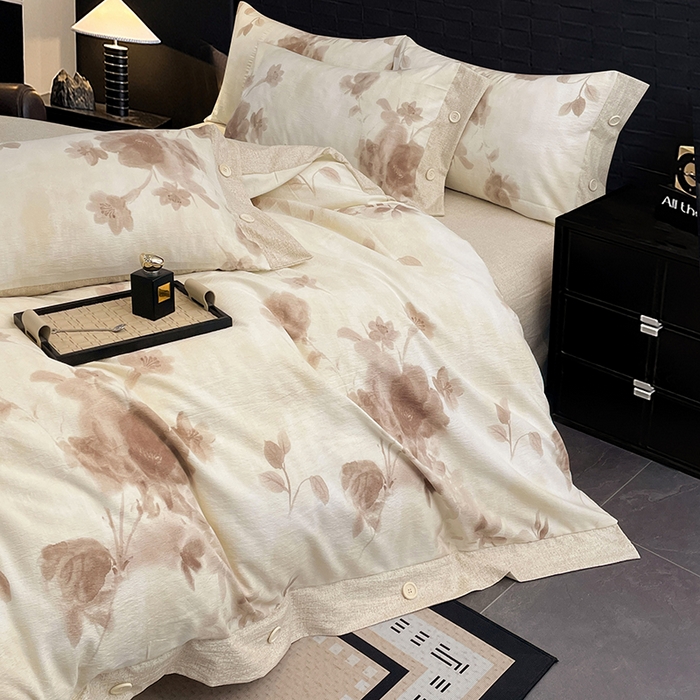 91家纺网 家纺一手货源 找家纺 梦舒羽 2026春夏新款A类原麻纽扣四件套加厚被套床单宿舍双人床仿亚麻套件-最新款 花盏如约