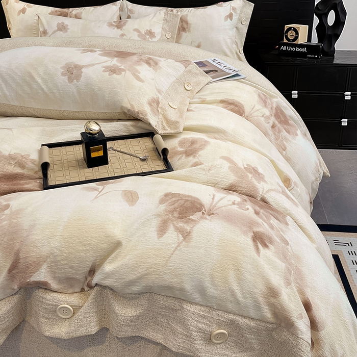 91家纺网 家纺一手货源 找家纺 梦舒羽 2026春夏新款A类原麻纽扣四件套加厚被套床单宿舍双人床仿亚麻套件-最新款 花盏如约