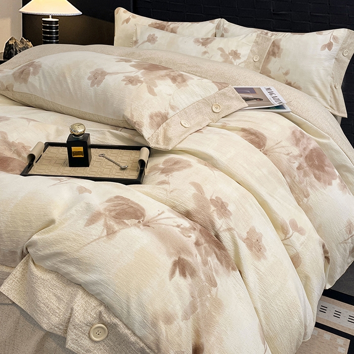 91家纺网 家纺一手货源 找家纺 梦舒羽 2026春夏新款A类原麻纽扣四件套加厚被套床单宿舍双人床仿亚麻套件-最新款 花盏如约