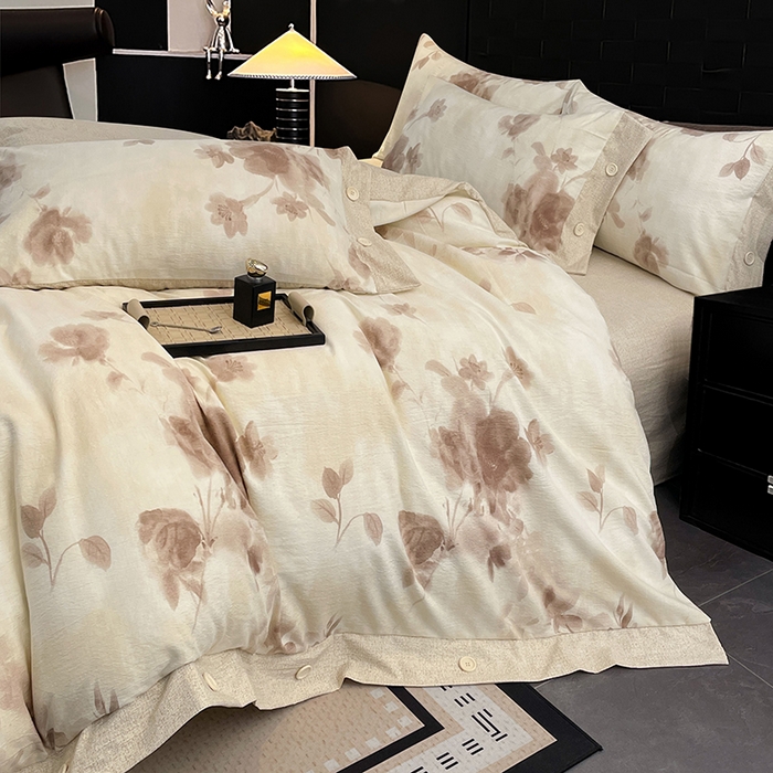 91家纺网 家纺一手货源 找家纺 梦舒羽 2026春夏新款A类原麻纽扣四件套加厚被套床单宿舍双人床仿亚麻套件-最新款 花盏如约