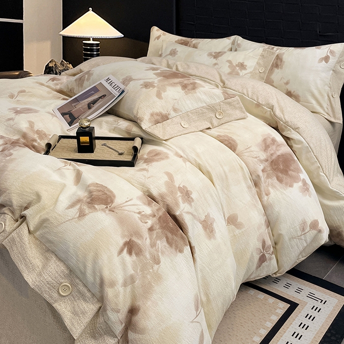 91家纺网 家纺一手货源 找家纺 梦舒羽 2026春夏新款A类原麻纽扣四件套加厚被套床单宿舍双人床仿亚麻套件-最新款 花盏如约