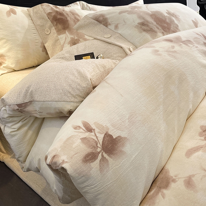 91家纺网 家纺一手货源 找家纺 梦舒羽 2026春夏新款A类原麻纽扣四件套加厚被套床单宿舍双人床仿亚麻套件-最新款 花盏如约