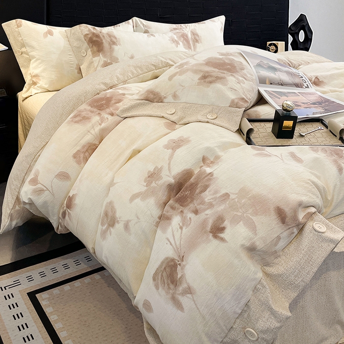 91家纺网 家纺一手货源 找家纺 梦舒羽 2026春夏新款A类原麻纽扣四件套加厚被套床单宿舍双人床仿亚麻套件-最新款 花盏如约