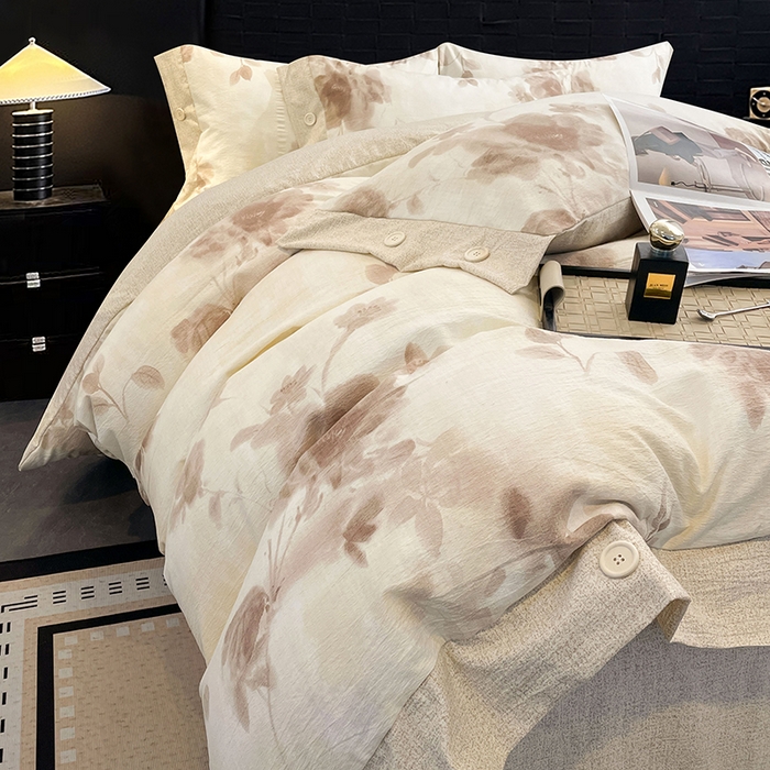 91家纺网 家纺一手货源 找家纺 梦舒羽 2026春夏新款A类原麻纽扣四件套加厚被套床单宿舍双人床仿亚麻套件-最新款 花盏如约