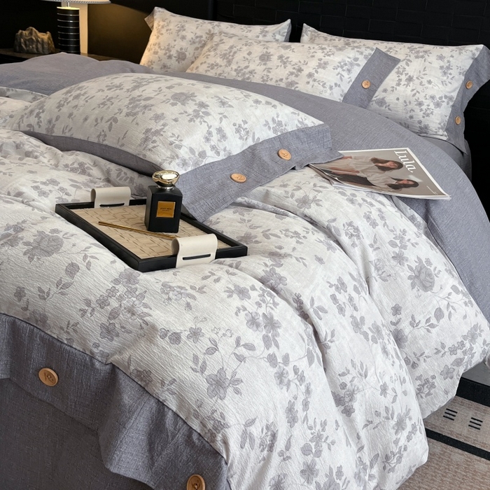 91家纺网 家纺一手货源 找家纺 梦舒羽 2026春夏新款A类原麻纽扣四件套加厚被套床单宿舍双人床仿亚麻套件-最新款 花之舞