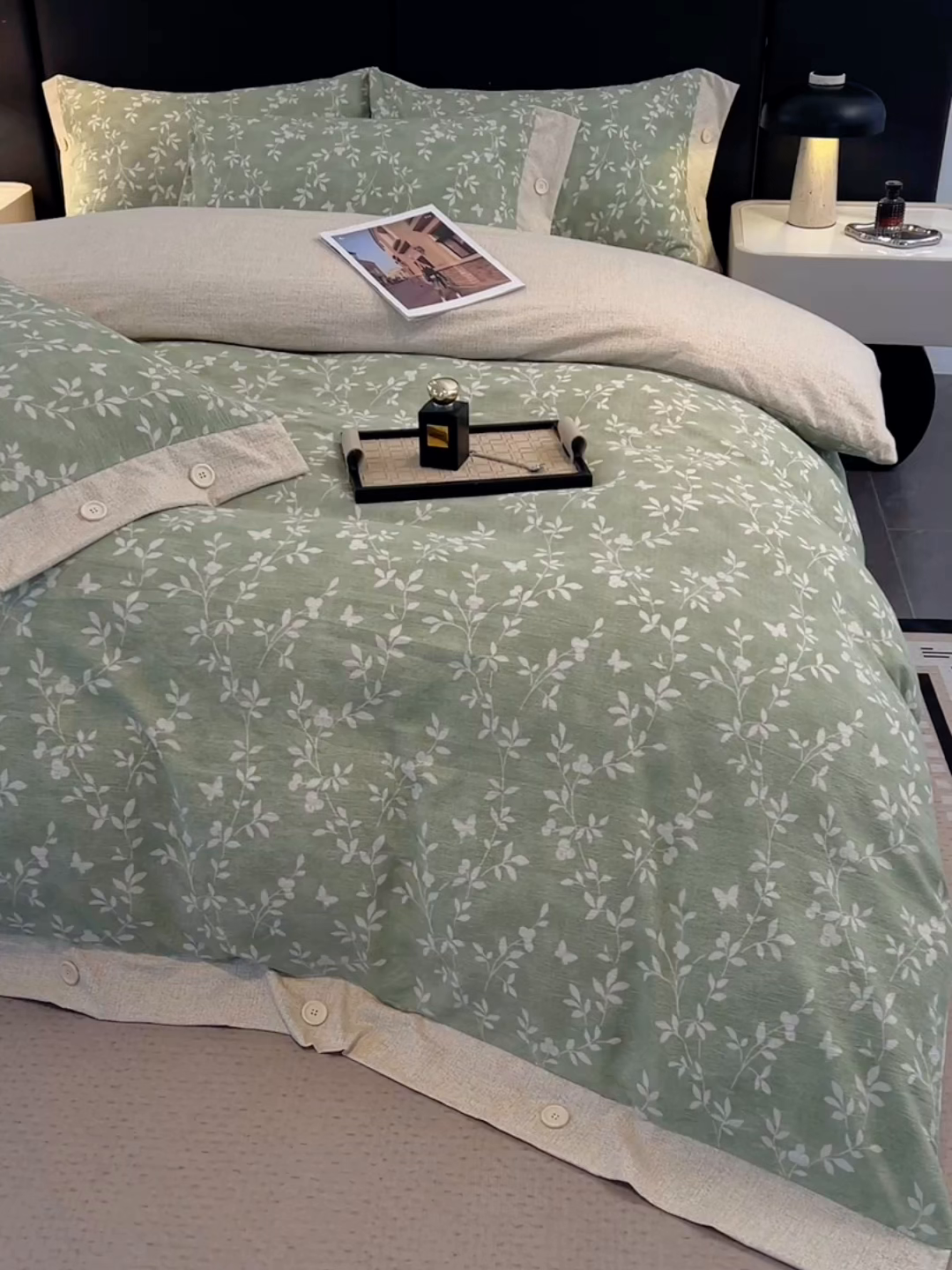 91家纺网 家纺一手货源 找家纺 梦舒羽 2026春夏新款A类原麻纽扣四件套加厚被套床单宿舍双人床仿亚麻套件-最新款 淮水竹亭