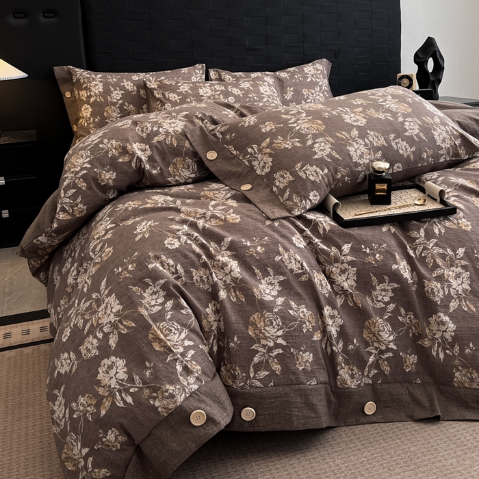 梦舒羽 2026春夏新款A类原麻纽扣四件套加厚被套床单宿舍双人床仿亚麻套件-最新款 金锦