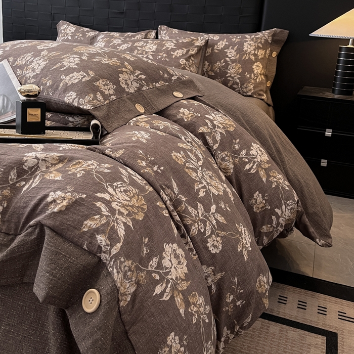 91家纺网 家纺一手货源 找家纺 梦舒羽 2026春夏新款A类原麻纽扣四件套加厚被套床单宿舍双人床仿亚麻套件-最新款 金锦