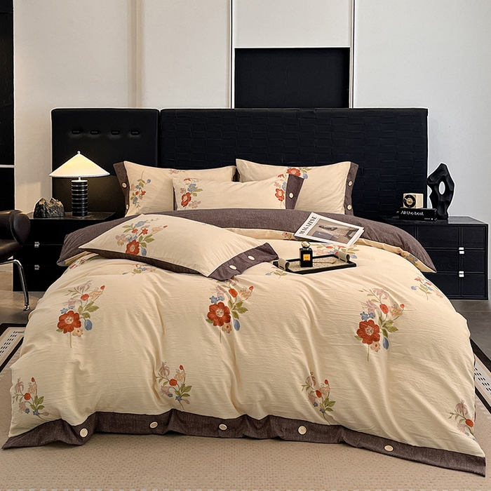 91家纺网 家纺一手货源 找家纺 梦舒羽 2026春夏新款A类原麻纽扣四件套加厚被套床单宿舍双人床仿亚麻套件-最新款 锦花