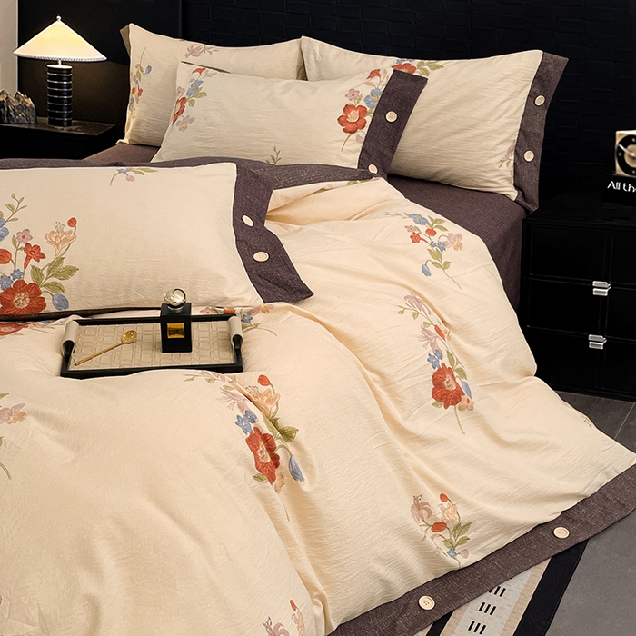 91家纺网 家纺一手货源 找家纺 梦舒羽 2026春夏新款A类原麻纽扣四件套加厚被套床单宿舍双人床仿亚麻套件-最新款 锦花