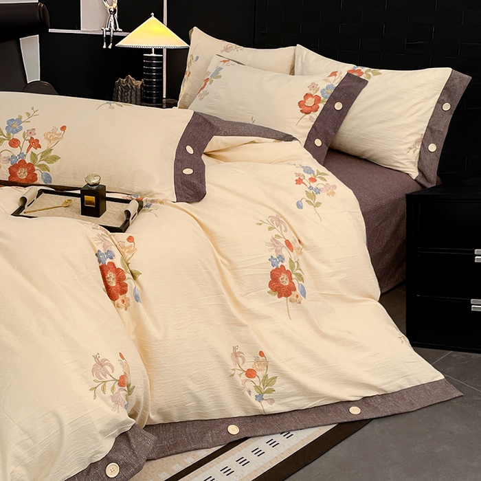 91家纺网 家纺一手货源 找家纺 梦舒羽 2026春夏新款A类原麻纽扣四件套加厚被套床单宿舍双人床仿亚麻套件-最新款 锦花