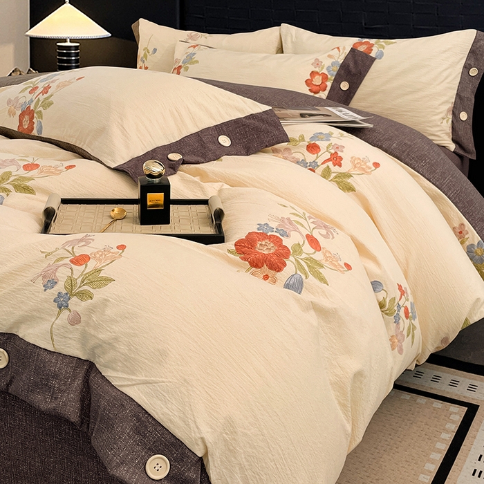 91家纺网 家纺一手货源 找家纺 梦舒羽 2026春夏新款A类原麻纽扣四件套加厚被套床单宿舍双人床仿亚麻套件-最新款 锦花