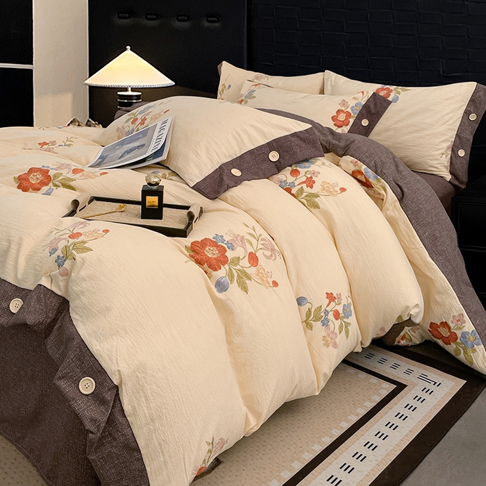 91家纺网 家纺一手货源 找家纺 梦舒羽 2026春夏新款A类原麻纽扣四件套加厚被套床单宿舍双人床仿亚麻套件-最新款 锦花