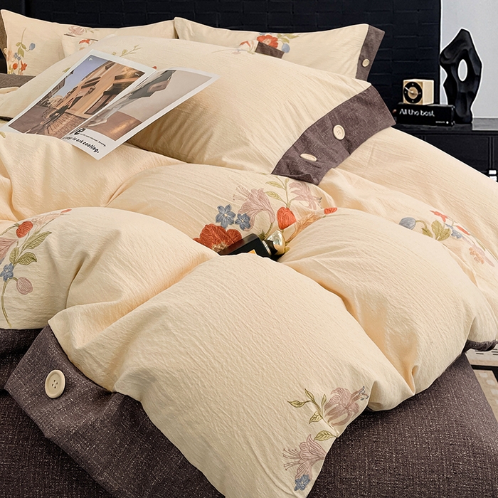 91家纺网 家纺一手货源 找家纺 梦舒羽 2026春夏新款A类原麻纽扣四件套加厚被套床单宿舍双人床仿亚麻套件-最新款 锦花