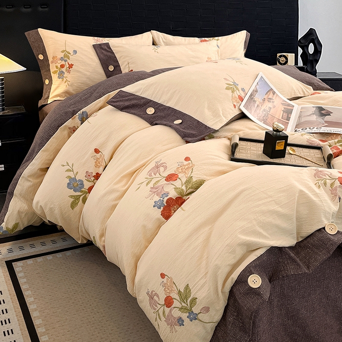 91家纺网 家纺一手货源 找家纺 梦舒羽 2026春夏新款A类原麻纽扣四件套加厚被套床单宿舍双人床仿亚麻套件-最新款 锦花