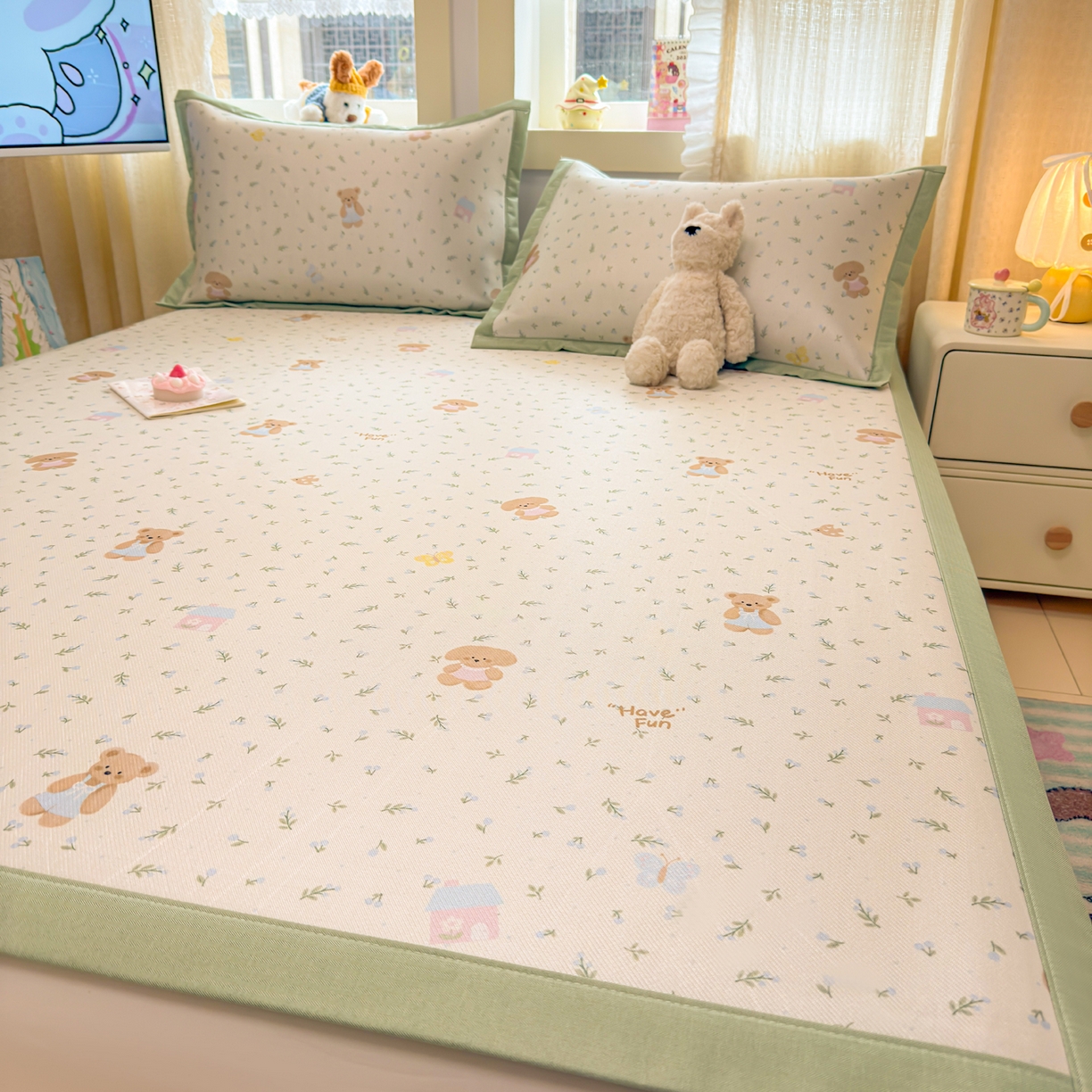 91家纺网 家纺一手货源 找家纺 慕尚家纺 2026新款凉感冰丝凉席席子 绿叶动物们