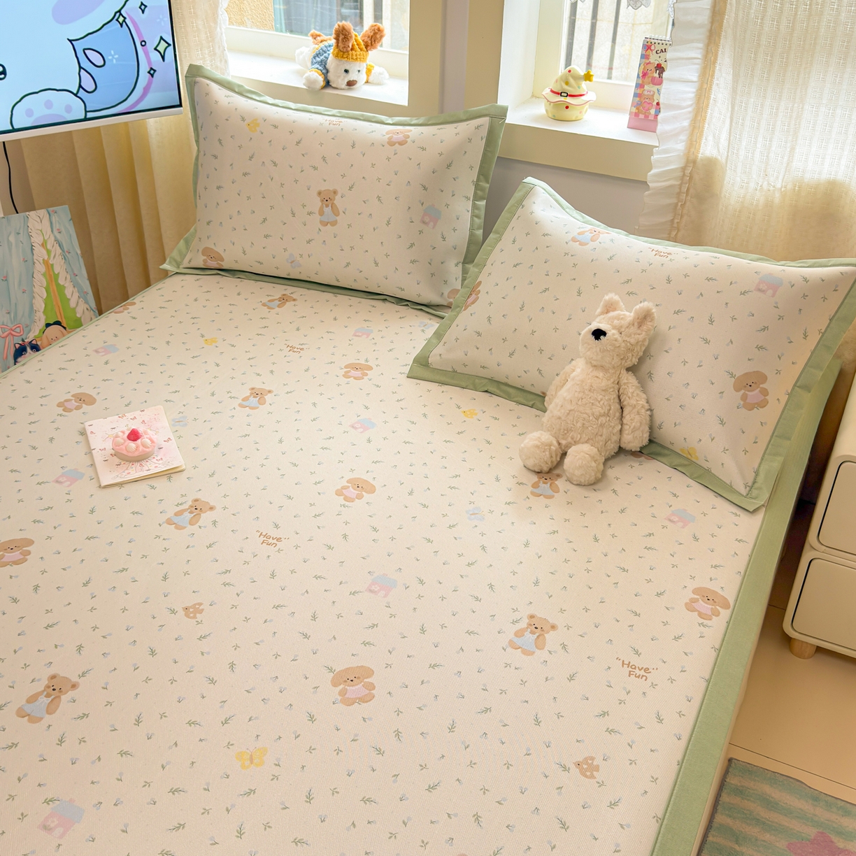 91家纺网 家纺一手货源 找家纺 慕尚家纺 2026新款凉感冰丝凉席席子 绿叶动物们