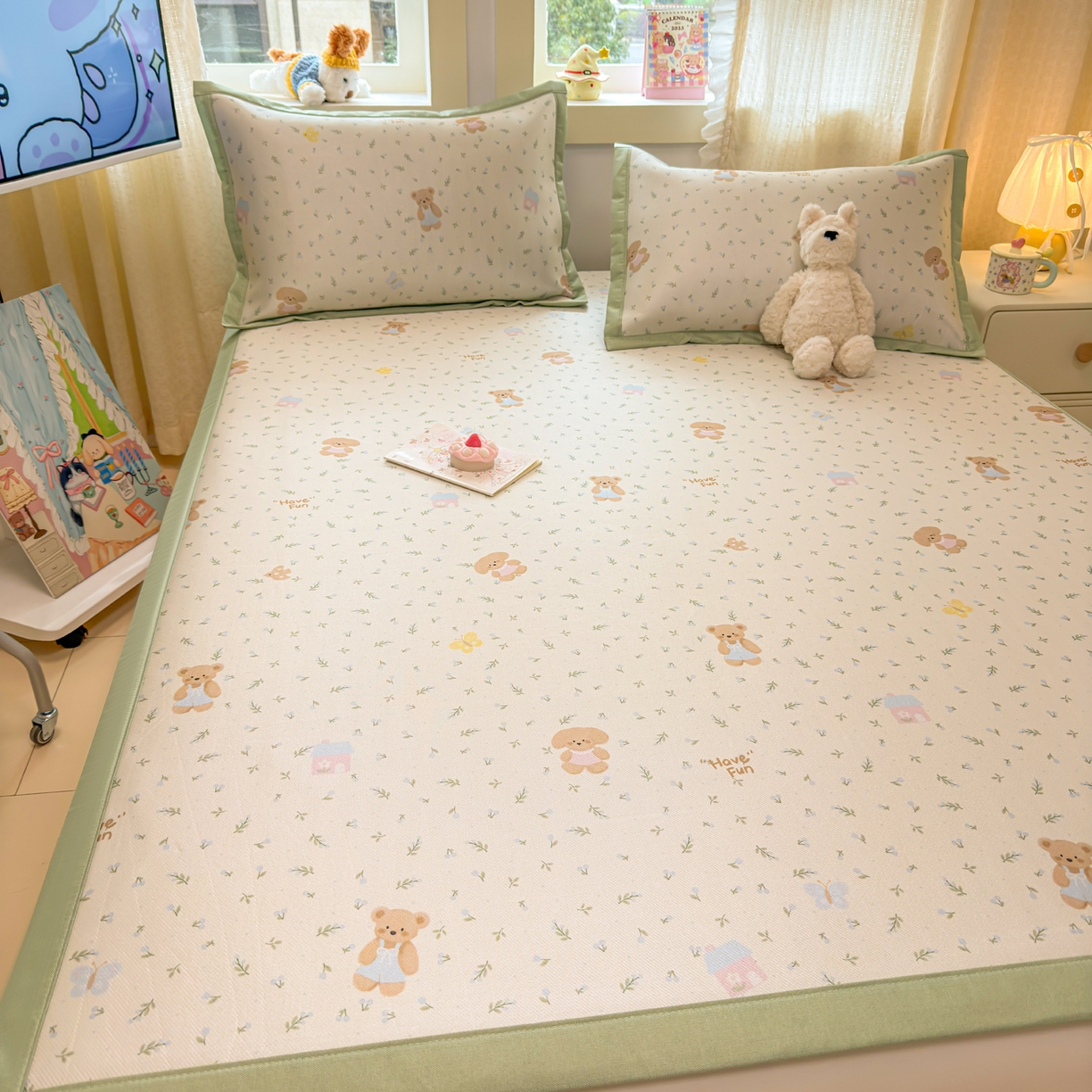 91家纺网 家纺一手货源 找家纺 慕尚家纺 2026新款凉感冰丝凉席席子 绿叶动物们