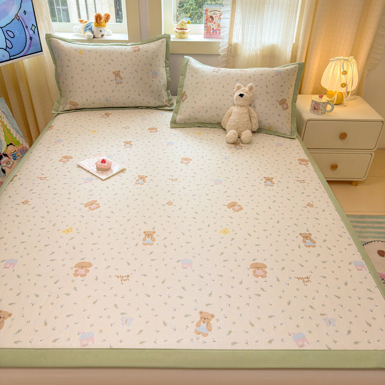 91家纺网 家纺一手货源 找家纺 慕尚家纺 2026新款凉感冰丝凉席席子 绿叶动物们