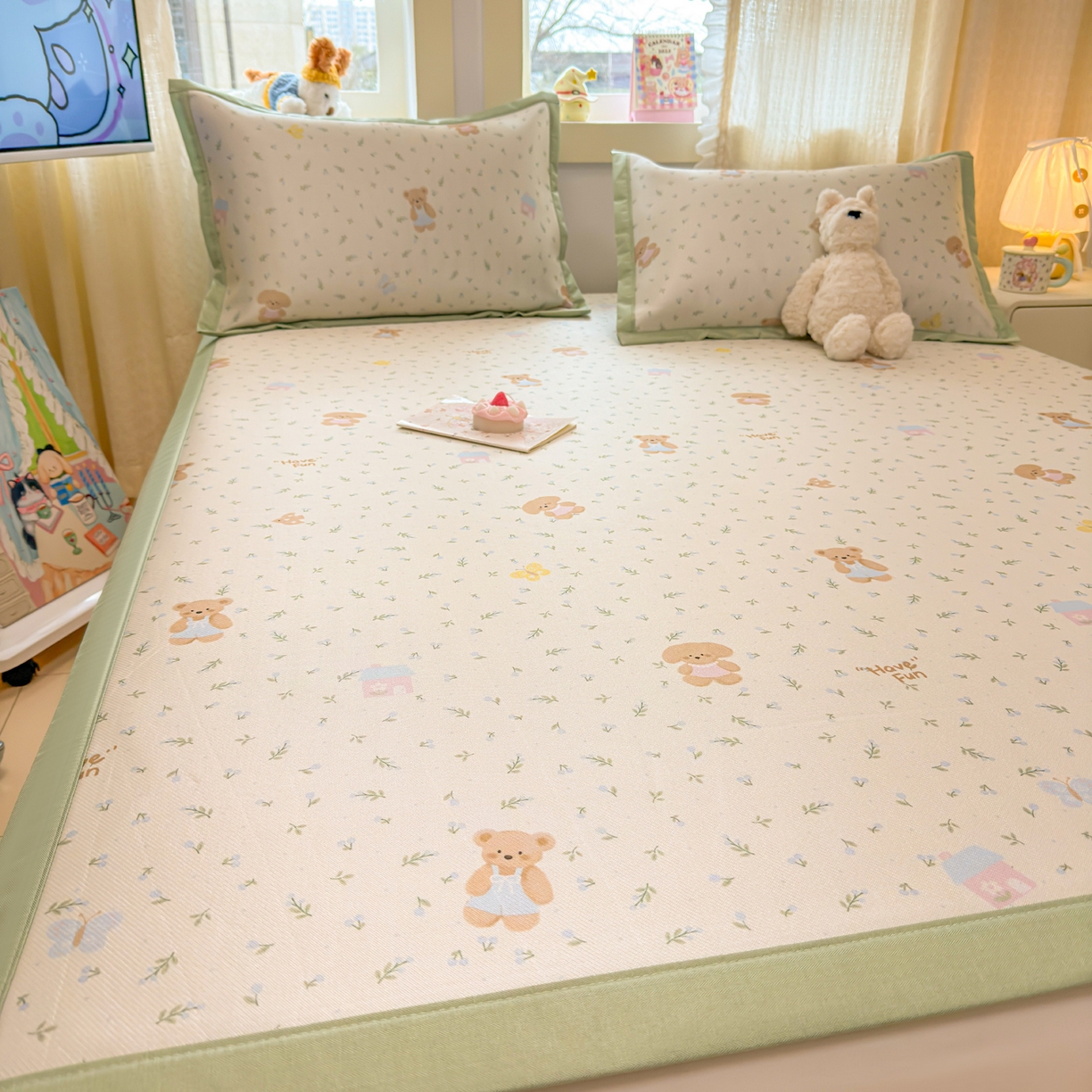 91家纺网 家纺一手货源 找家纺 慕尚家纺 2026新款凉感冰丝凉席席子 绿叶动物们